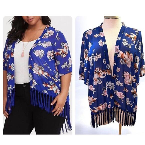 Torrid Disney Aladdin Kimono 5XL Rajah Tiger Fringe Chiffon Cardigan Sheer Blue - Picture 1 of 14